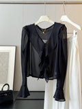Summer Korean Fashion Flared Sleeve Tie-Front Ruffle Sun-Protection Shirt
