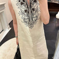 Cotton Linen Embroidered Sleeveless Casual Long Dress, Summer Vacation