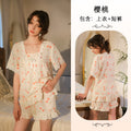 法式甜美云朵棉家居服两件套樱桃印花蕾丝边短袖短裤居家套装1107