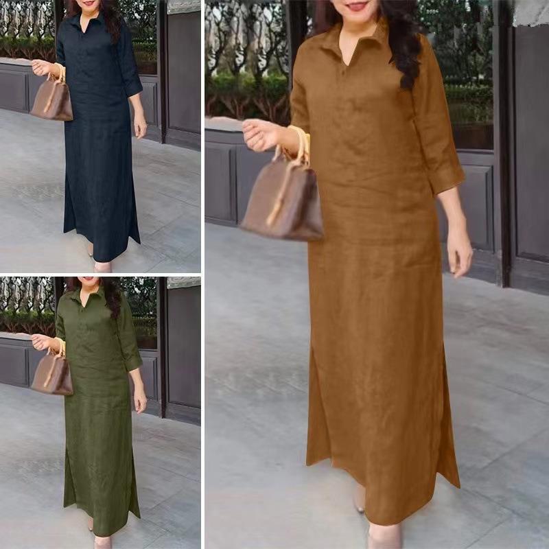 Solid Lapel Long Sleeve Casual Long Dress, 2026