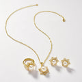 Fashionable Fresh Simple Versatile Imitation Pearl Pendant Snowflake Rhinestone 3-Piece Set Necklace Earrings Set Ring In Stock