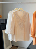 Summer Elegant Slimming 3/4 Sleeve V-Neck Beaded Heavy Shirt