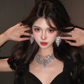 Silver Heavy-Duty v Type Full Diamond Fringe Necklace Earrings Set Clasp Design Elegant Drop Evening Gown Accessory Item