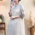 Retro Button-Front Heavy Embroidery Stand Collar Breathable Mid-Length Dress