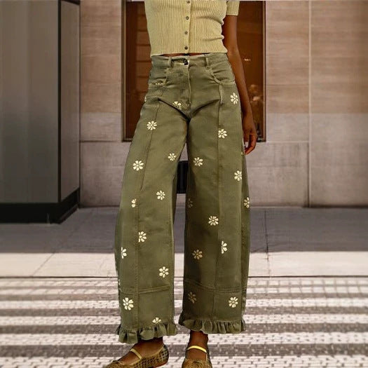Retro Patchwork Printed Floral Loose Wide Leg Pants + Pants