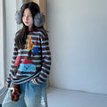 Girls' Striped Cartoon Tee & Graffiti Jeans Set