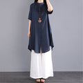 Summer Artistic Plus Size Cotton Short Sleeve Loose Mid-Length Long Wide Leg Pants + Shirt Set