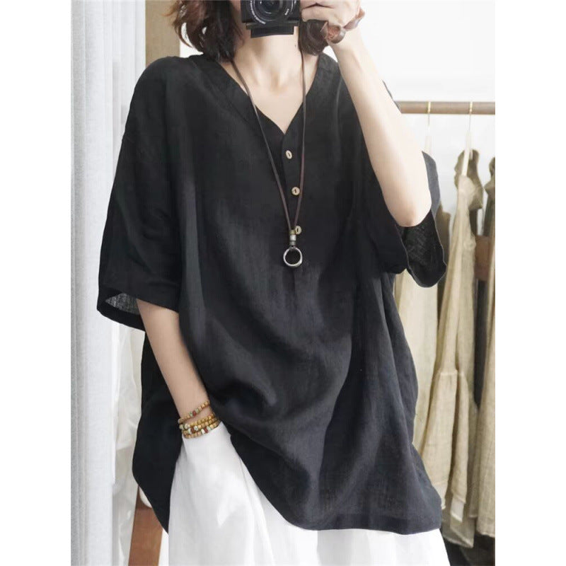 Summer Korean Casual Plus Size Linen Cotton V-Neck Loose Shirt