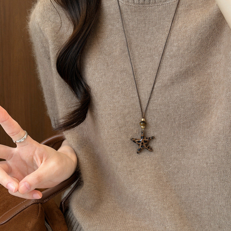 Vintage Leopard-Print Stone Heart Pendant Necklace with Leather Cord - view 2