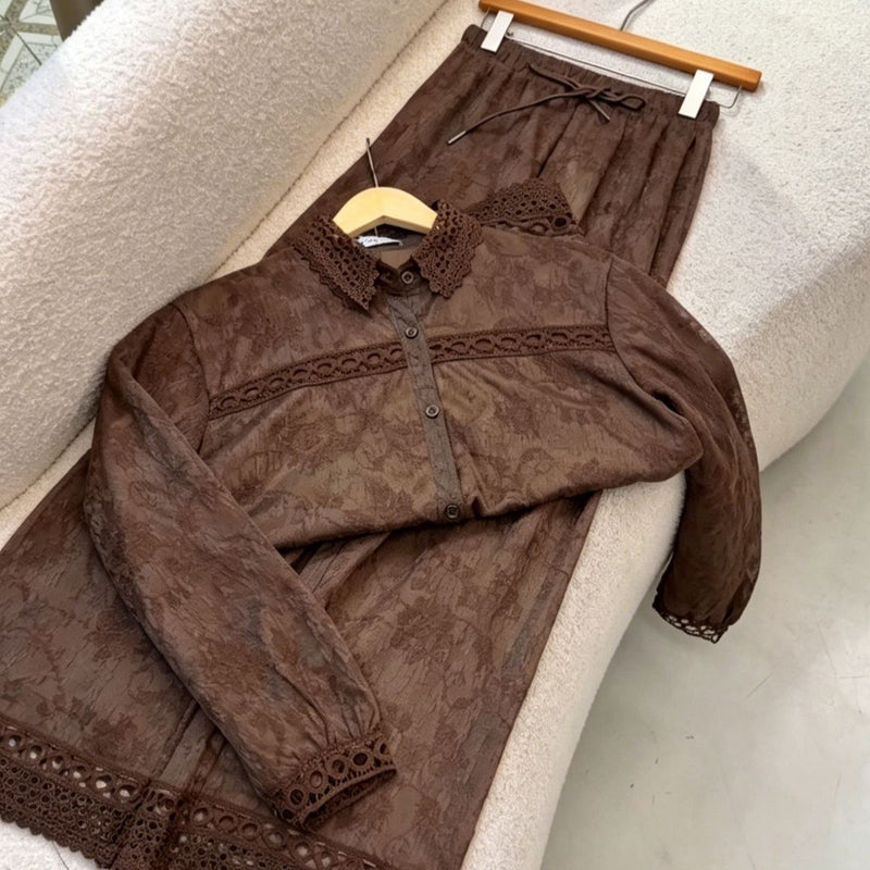 2026 Spring Jacquard Lace Lapel Collar Hollow-Out Wide Leg Pants + Top Set