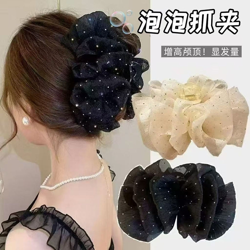 法式云朵泡泡蝴蝶结抓夹女2025新款高级感气质后脑勺网纱鲨鱼夹子