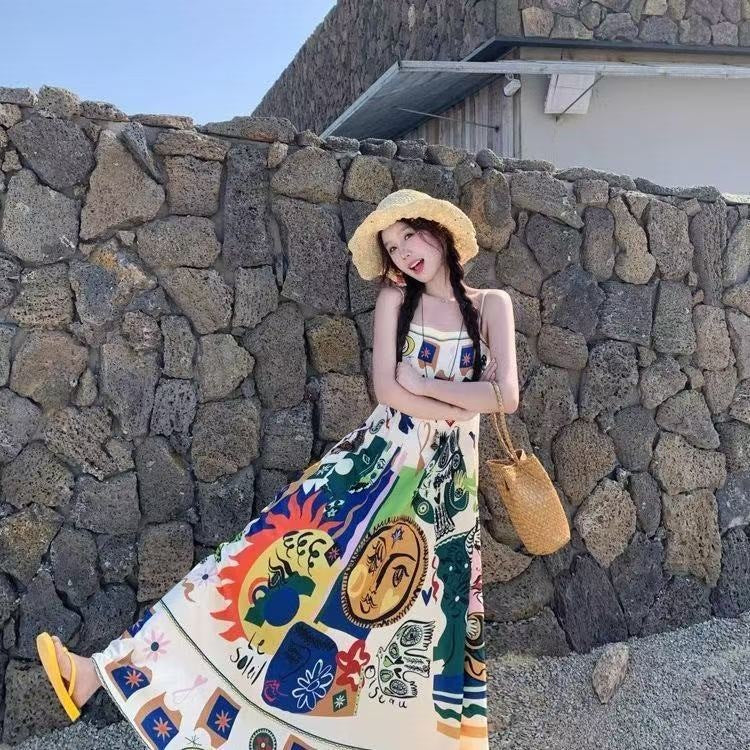 Ethnic Graffiti Print Camisole A-Line Fitted Long Dress