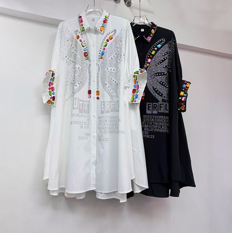 Plus Size Rhinestone Long Shirt, Niche European Design