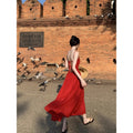 Red Backless Camisole Long Dress, Vacation Photo Style