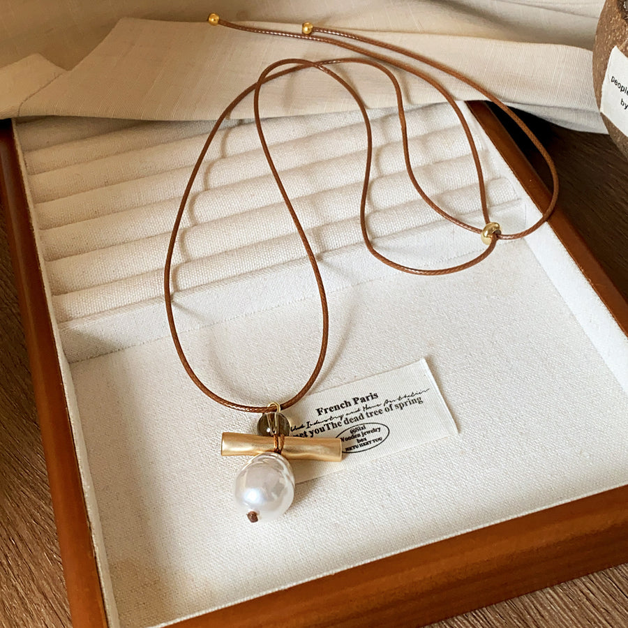 Vintage Glass Pearl Cord Necklace - view 3