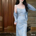 New Chinese Style Printed Stretch Mesh Fitted Long Dress