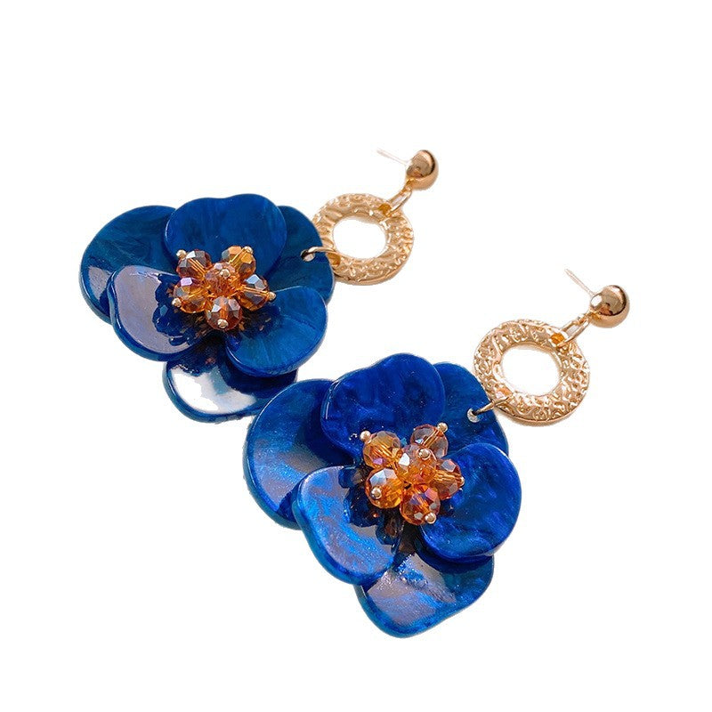 Blue Fabric Flower Statement Earrings - view 5