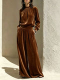 Fall-Winter Casual Slimming Velvet Pleated Wide Leg Pants + Top 2-Piece Set