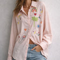 Cotton Embroidered Long Sleeve Blouse - French Style Casual Resort Wear Shirt