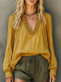 Casual Versatile Linen Cotton Long Sleeve V-Neck Ruffle Loose Shirt