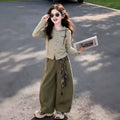 Girls' Korean Short Hooded Top & Wide-Leg Pants Set
