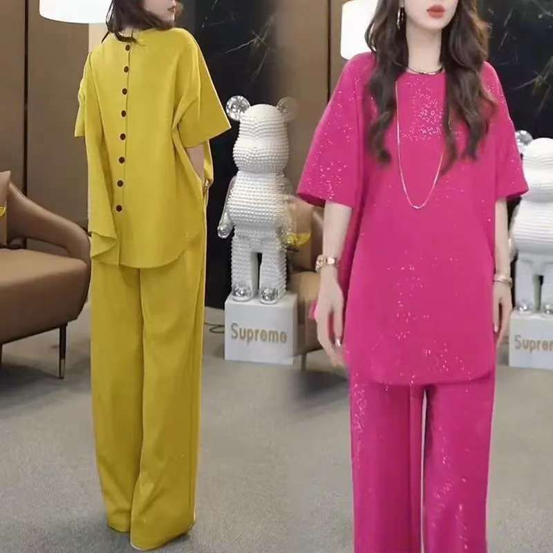 Summer Fashion Elegant Plus Size Short Sleeve High Waist Sequin Loose Tee + Pants 2-Piece Set