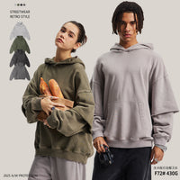 American Streetwear 430G Washed Distressed Snow-Denim Frayed Edge Faux Layered Hoodie