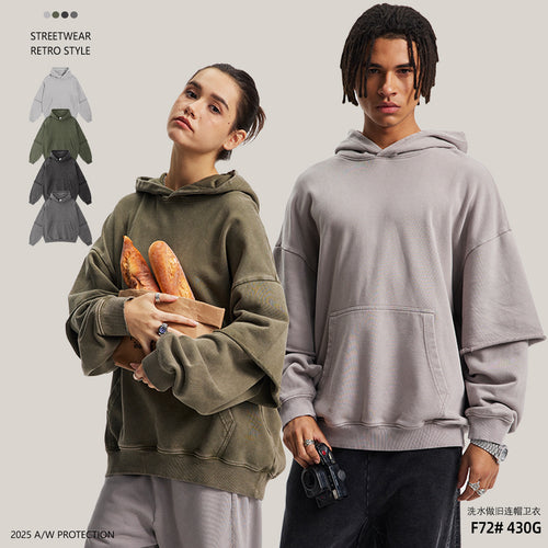American Streetwear 430G Washed Distressed Snow-Denim Frayed Edge Faux Layered Hoodie