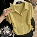 Summer Korean Elegant Short Sleeve Lapel Collar Drawstring Waist-Tie Shirt