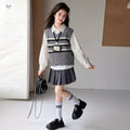 Girls' Striped Vest, Shirt & Pleated Skirt - Preppy 3-Piece Set