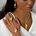 Overseas Western Dubai Gold Flower Beaded Fringe Pendant Necklace Bracelet Set Earrings Ring Wedding Banquet Set