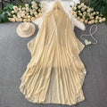 High-End Crystal Beaded V-Neck Hooded Flared Sleeve Irregular Chiffon Dress