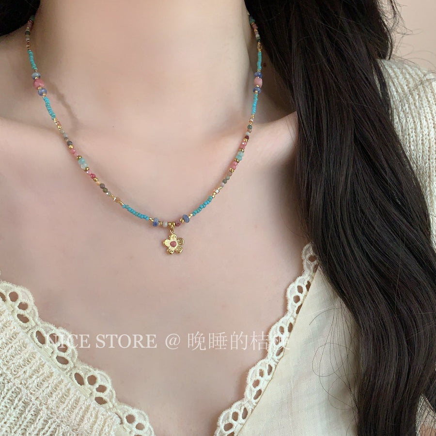 Stainless Steel Colorful Stone Beaded Pendant Necklace - view 3