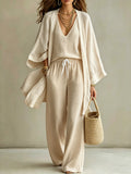 Summer Plus Size V-Neck Drawstring Wide Leg Cardigan + Pants 3-Piece Set