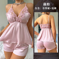 菲韵性感蕾丝吊带睡衣套装女冰丝缎面深V短裤两件套家居服9042
