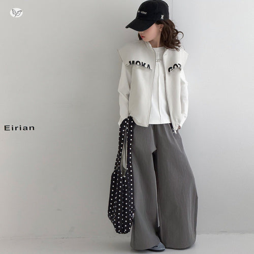 Girls' Stand Collar Vest Zip Top Wide-Leg Pants Two-Piece Set