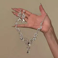 Banquet Luxury ~ Full Diamond Geometric Teardrop Stud Earring Necklace Set Women Exquisite Clavicle Chain Light Luxury Premium Necklace