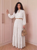 Fall Gentle Lantern Sleeve Crew Neck High Waist Fitted Shirt + Skirt Set