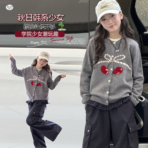Girls' Cherry Embroidery Knit Cardigan