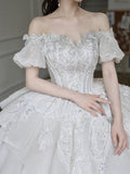 Off-Shoulder Luxury Wedding Gown - French Style Petite Bridal Dress with Train