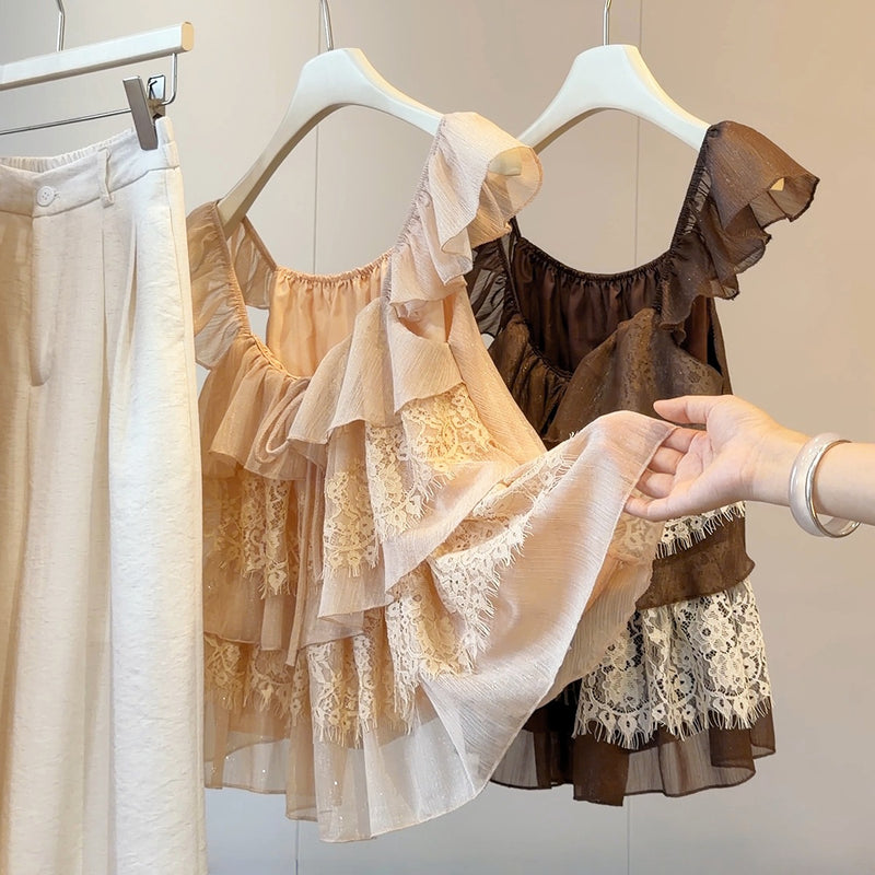 Summer Korean Fashion Mini Flutter Sleeve Tie-Front Ruffle Shirt + Skirt