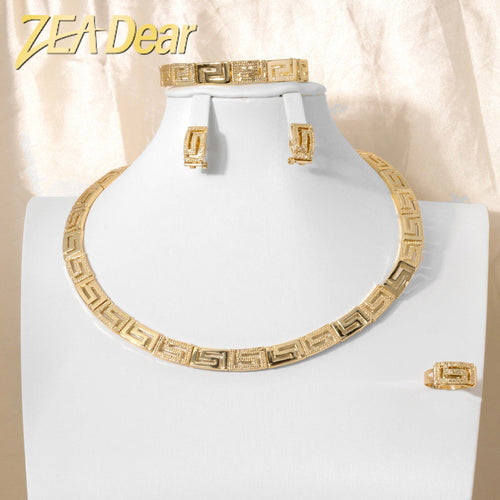 Overseas Accessory Retro Egypt Breeze Cutout Long Wall Texture Simple Necklace Bracelet Set Ring Earrings Women Set