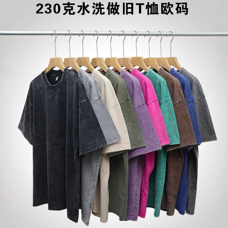 重磅纯棉230g炒雪花蜡染水洗做旧男女T恤宽松欧码跨境美式广告衫