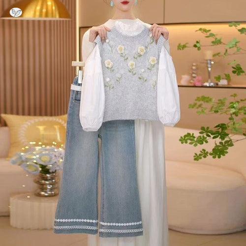 Girls' Flower Shirt Vest Jeans Pastoral Four-Piece Set