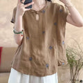 Women's Summer New Chinese Ethnic Linen Cotton Embroidered Short Sleeve Tee + Top 202 - Natural Linen