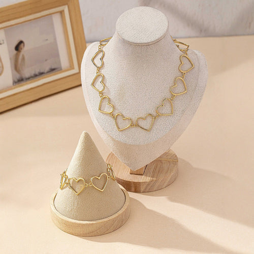 EU/US Import Accessory Versatile Geometric Bracelet Fashionable Simple Heart-Shaped Cutout Temple Chain Personality Necklace Set