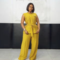 Office Casual Sleeveless Crew Neck Tie-Front Wide Leg Pants + Cardigan + Tank Top 2-Piece Set