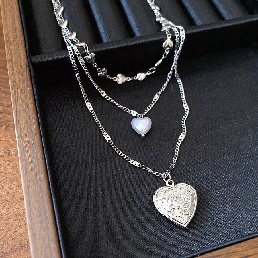 Three-Layer Pearl Necklace with Heart Pendant - view 7