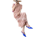 Pleated Fringe Short Sleeve Long Dress, Light Luxury Casual