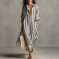Striped V-Neck Shirt Dress - Loose 3/4 Sleeve Long Summer Dress Women